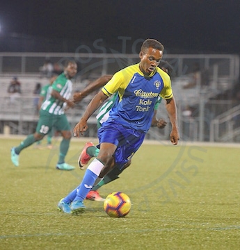 Azarel Crowney of Clayton’s Kola Tonic Notre Dame (on the ball) scored against Weymouth Wales.