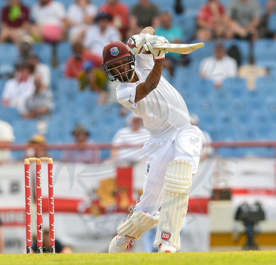 Roston Chase drives elegantly during his unbeaten century today.