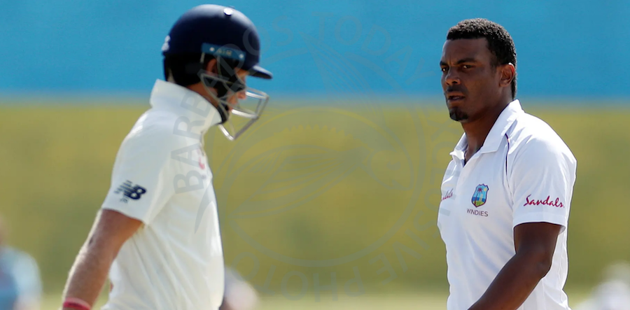 Fast bowler Shannon Gabriel (right) has been banned and fined for comments he made to England captain Joe Root (left).