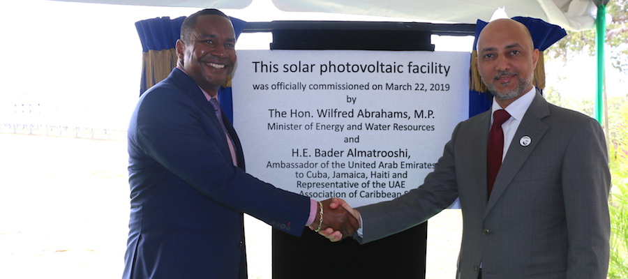 Minister of Energy and Water Resources Wilfred Abrahams (left) and Representative of the UAE in the Association of Caribbean States Ambassador Bader Almatrooshi.