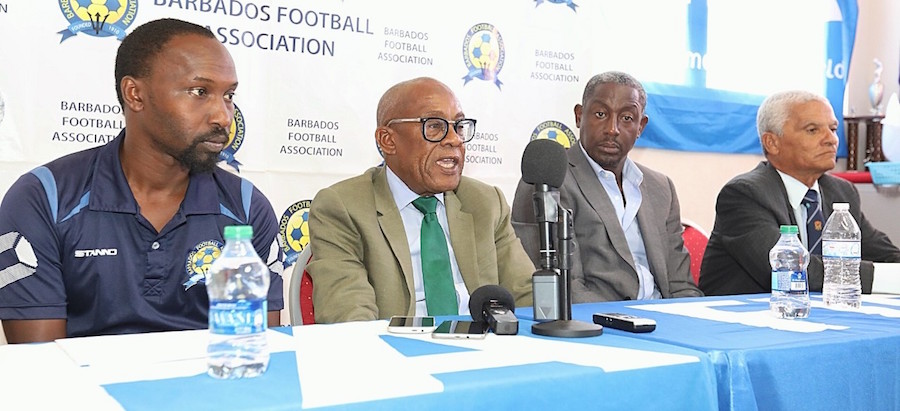 (From left) Technical director Ahmed Mohammed, BFA president Randolph Harris, new head coach of the national men’s team Russell Latapy and chairman of the BFA technical committee Adrian Donovan at today’s briefing. (Picture by Morissa Lindsay)