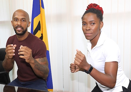 (From left) Barbadian beach wrestlers François Jones and Crystal Holder. (Pictures by Morissa Lindsay)