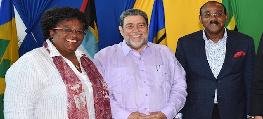 From left, Prime Ministers Mia Mottley, St Vincent and the Grenadines’ Ralph Gonsalves and Antigua and Barbuda’s Gaston Browne.