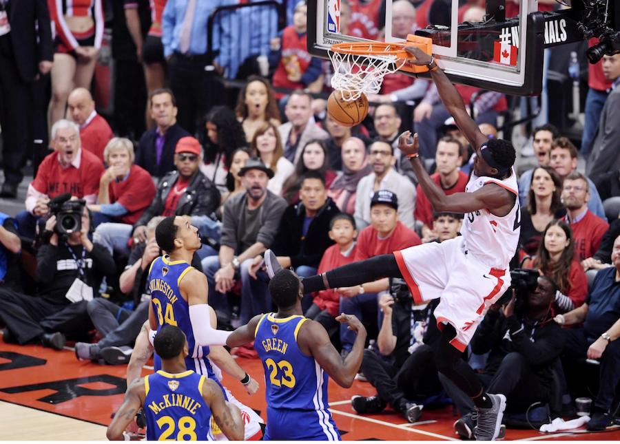 Raptors’ Pascal Siakam dunks for two points early in the game.