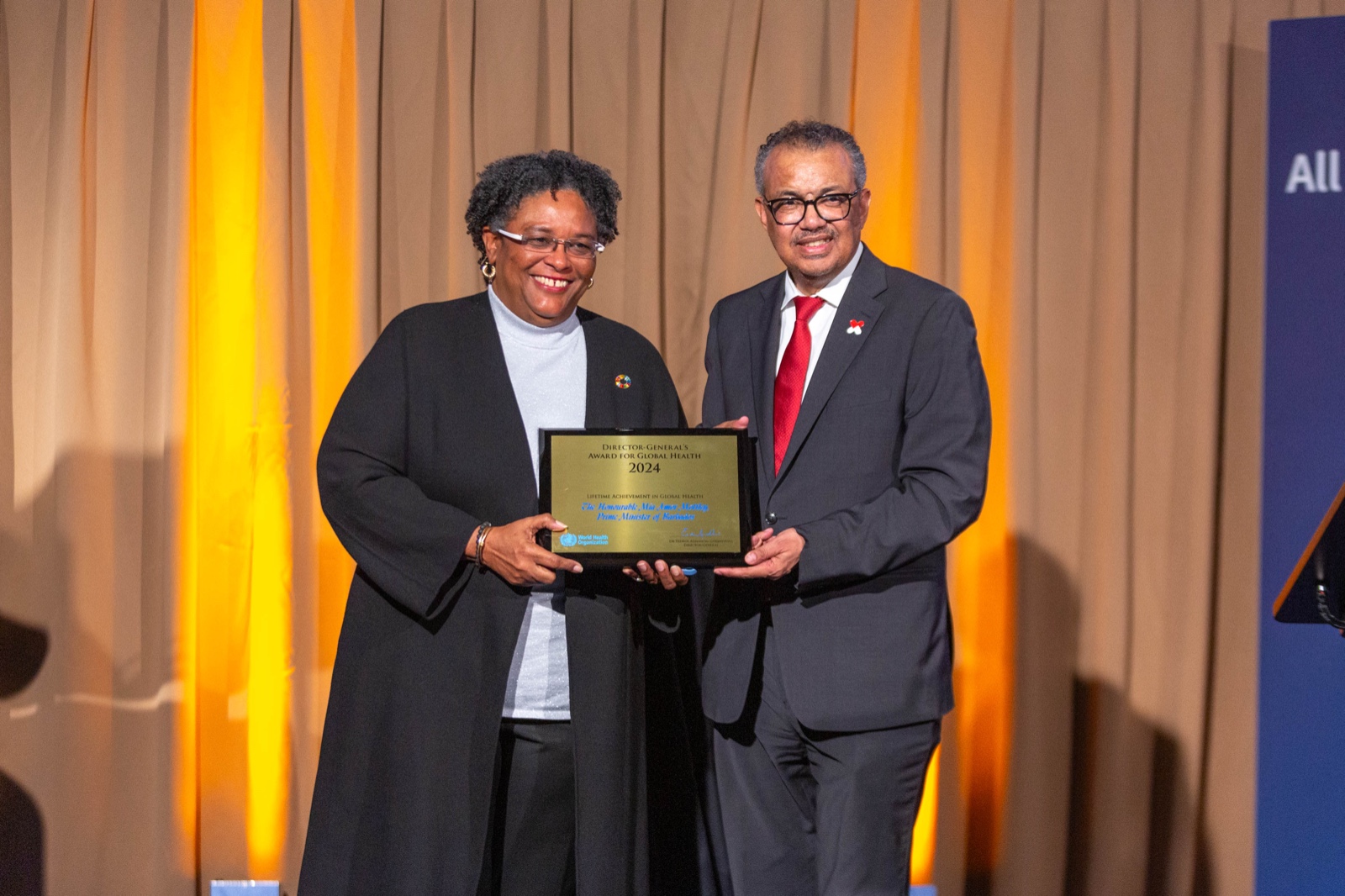 WHO Director-General Tedros Adhanom Ghebreyesus Presents Prime Minister Mia Mottley with Global Health Award