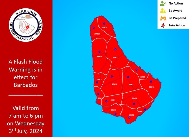 Barbados Issues Flash Flood Warning Due to Tropical Wave Impact - BMS Advises Precaution as Island Braces for Intense Rainfall