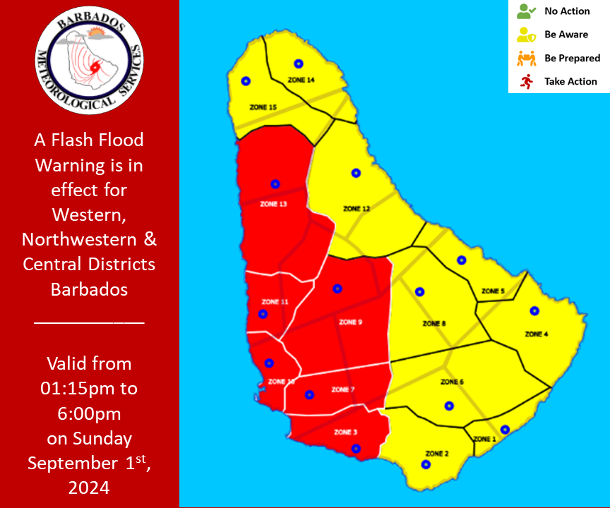 Barbados Meteorological Services Issues Flash Flood Warning for Northwestern, Western, and Central Districts: Preparedness and Safety Guidelines Included